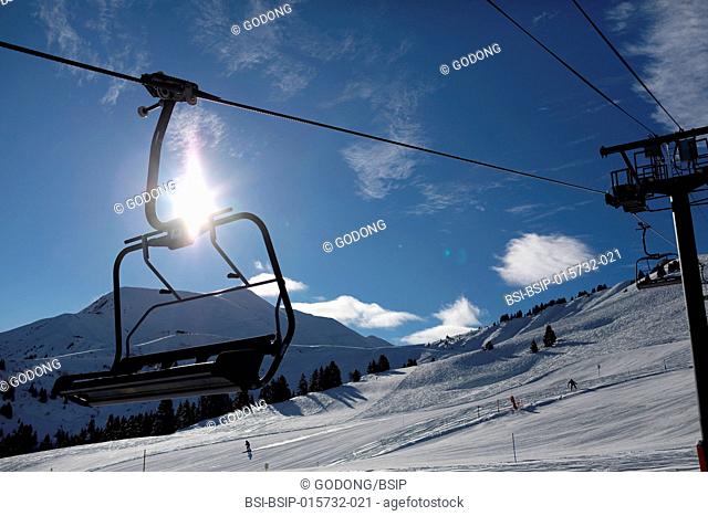 French Alps. Mont-Blanc massif. Ski slope and chairlifts. Saint-Gervais. France