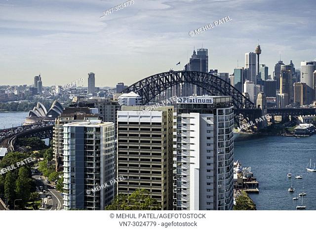 Sydney Harbour Bridge, Opera House and Central Business district, view from North Sydney, New South Wales, Australia