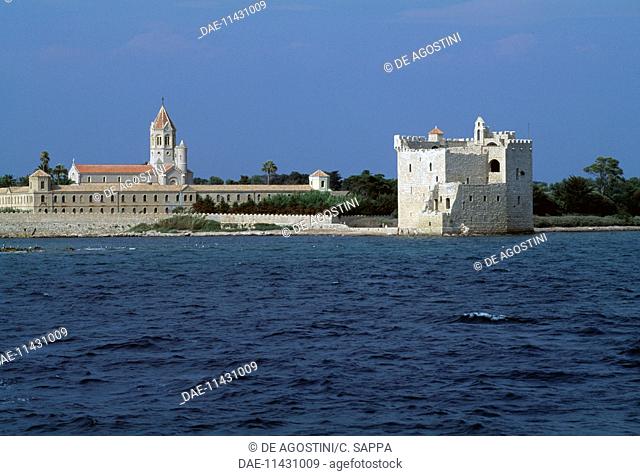 Modern monastery, 19th century, and the fortified monastery, 11th-15th century, Lerins abbey, Saint Honorat island, Provence-Alpes-Cote d'Azur, France