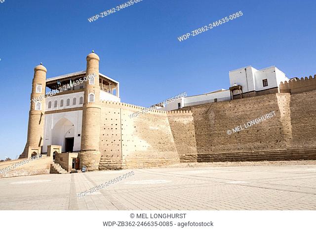 Entrance, outer walls and viewing gallery of the Ark Fortress, Registan Square, Bukhara, Uzbekistan