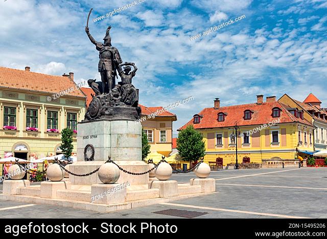 Eger, Hungary - July 05, 2019: Statue of Istvan Dobo on Istvan Dobo square in Eger city center, Hungary