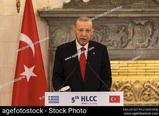 07 December 2023, Greece, Athen: Turkish President Recep Tayyip Erdogan speaks during a joint press conference with Greek Prime Minister Mitsotakis after their...