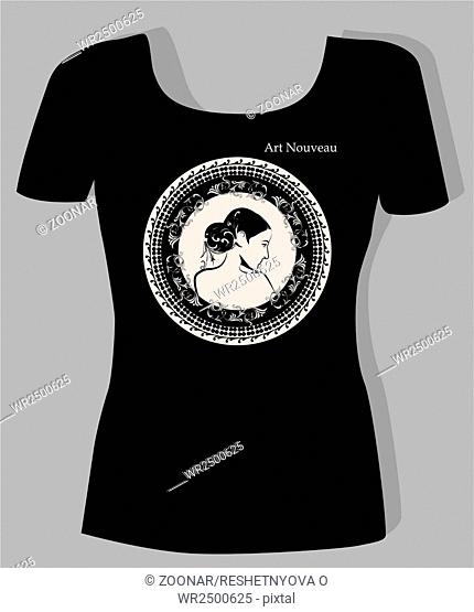 t-shirt design with portrait of beautiful girl in art nouveau style
