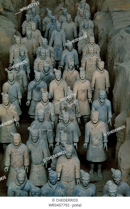 High angle view of statues of terracotta soldiers, Shaanxi Province, Xian, China