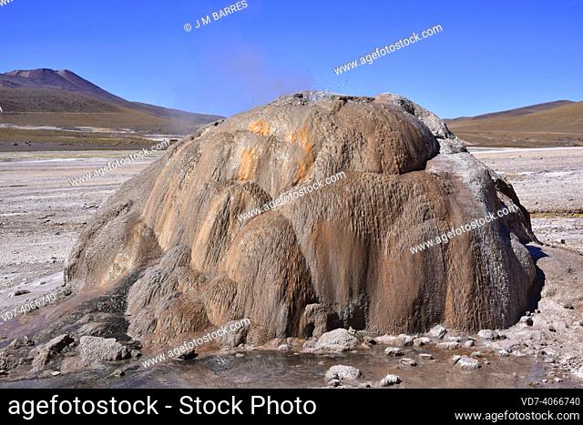 Geyserite is a variety of opaline silica that found around geysers or hot springs. This photo was taken in El Tatio Geysers, Atacama Desert, Chile