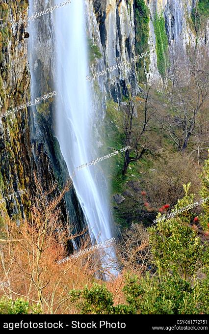 Birth of the river waterfall in the Natural Park Asón Collados del Ason, east of Cantabria, from Gandara and Arredondo, Spain