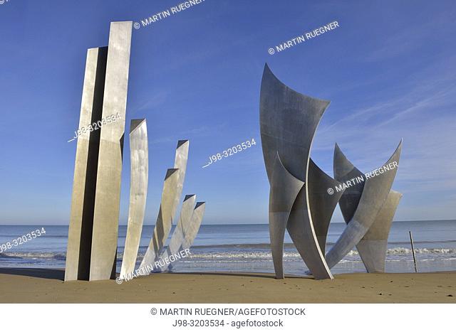 D-Day memorial on Omaha Beach, Normandy, France. A sculpture called The Braves by artist Anilore Banon located on Omaha beach