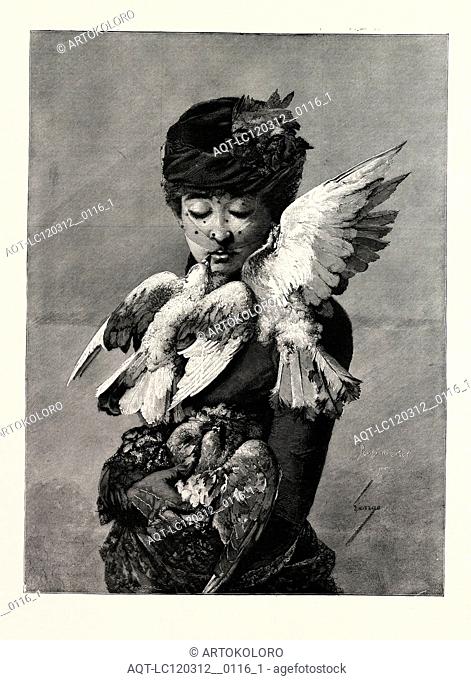 LADY AND PIGEONS, FASHION, ENGRAVING 1882