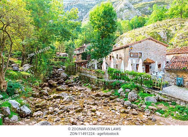 Restaurants in stone houses in the village Bulnes in the Picos de Europa. Small alleyways cross the hamlet. A destination in the mountains to rest for hiker and...