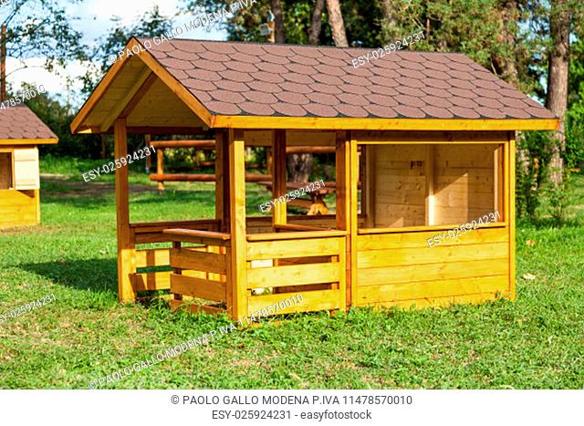 Small children houses made of wood in an Italian park