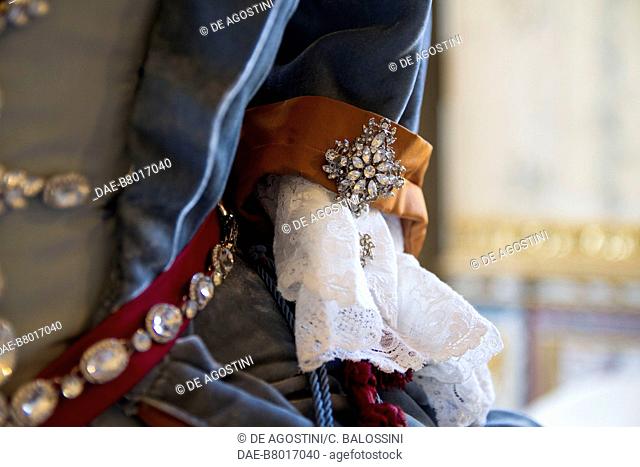 Sleeve with lace and bow, woman's dress, court life in the Stupinigi hunting lodge, Italy, 18th century. Historical re-enactment