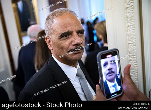 Eric Holder, former United States Attorney General, following a ceremony with former US President Barack Obama and former first lady Michelle Obama for the...