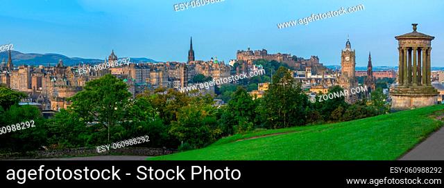 Panorama Of The Beautiful Old Town Of Edinburgh, Including the Castle, As Taken From Calton Hill In Soft Morning Light