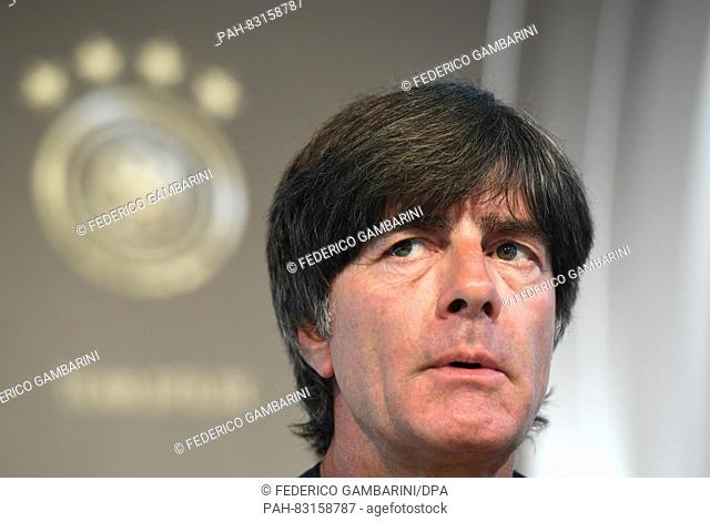 The head coach of German national soccer team, Joachim Loew, speaks during a press conference in Duesseldorf, Germany, 29 August 2016