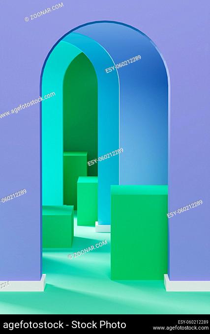 Colorful imaginary interior with arches. 3D illustration