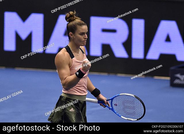 Maria Sakkari of Greece reacts during the match against Jelena Ostapenko of Latvia at the J&T Banka Ostrava Open 2021 women's WTA indoor tennis tournament in...