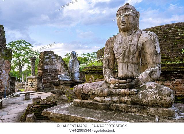 One of the Buddha Statues on the upper platform of Vatadage Temple, The Quadrangle, Ancient City of Polonnaruwa, North Central Province, Sri Lanka, Asia