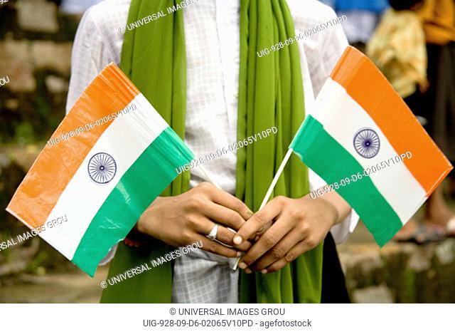 Boy Holding Two Indian Tri-Color, Flags At Independence Day Celebration, 15Th August, Village Delwara, Udaipur, Rajasthan, India