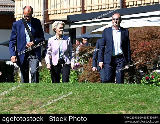 02 September 2022, Bavaria, Murnau: European Commission President Ursula von der Leyen walks through the hotel garden during a two-day closed-door meeting of...