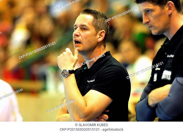 Czech coaches Jan Filip, left, and Daniel Kubes react during the qualifying handball match Czech Republic vs Switzerland for 2016 Men's European Championship in...