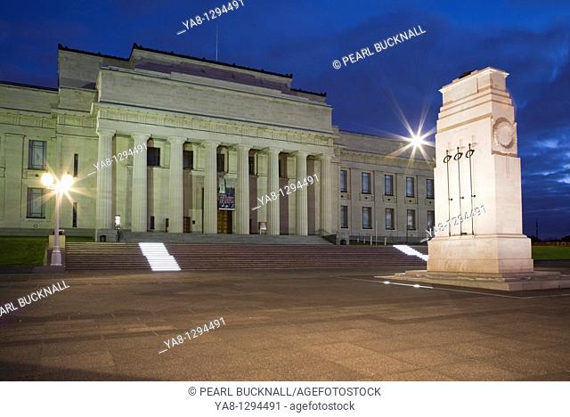 Auckland City North Island New Zealand  Neo-classical style National Museum World War I memorial building exterior and cenotaph Court of Honour floodlit at...