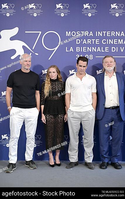 Martin McDonagh, Colin Farrell, Brendan Gleeson, Kerry Condon attends ""The Banshees Of Inisherin"" photocall at the 79th Venice International Film Festival on...