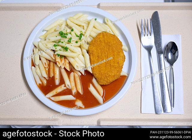 23 November 2023, Saxony, Dresden: A plate with a schnitzel and pasta stands on a tray in the kitchen at Dresden Municipal Hospital