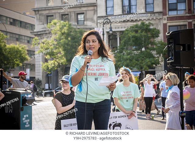 Reshma Saujani speaks at the ""Girls Who Code"" rally in Union Square Park in New York on Tuesday, August 22, 2017. Founded by Saujani the group attempts to...