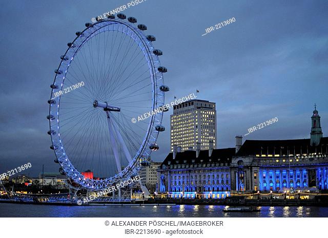 London Eye at dusk, cloudy, London, South England, England, United Kingdom, Europe