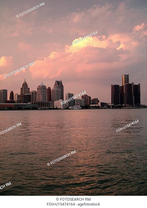 Detroit, MI, Michigan, Downtown skyline, Detroit River, from Windsor, Ontario, Canada, sunset