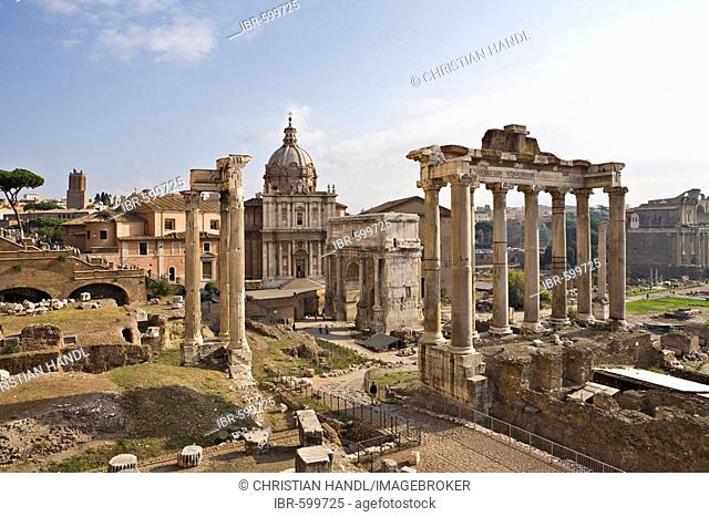 View of Via Sacra with the Temple of Vespasian and Titus (left) and the Temple of Saturn (right) in front of SS Luca e Martina Church, Forum Romanum, Rome