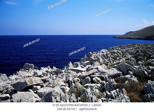 A section of rocky coastline near Cape Matapan or Cape Tainaron, Mani peninsula, Peloponnese, Greece
