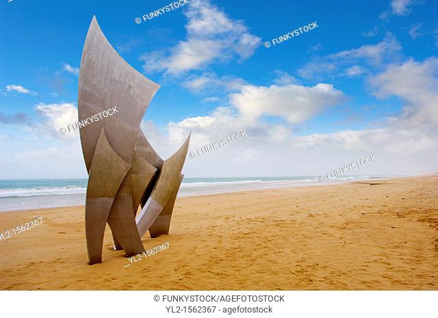 'the Brave Men' scupture in the sand at Omaha D Day landing beach, Normandy, France