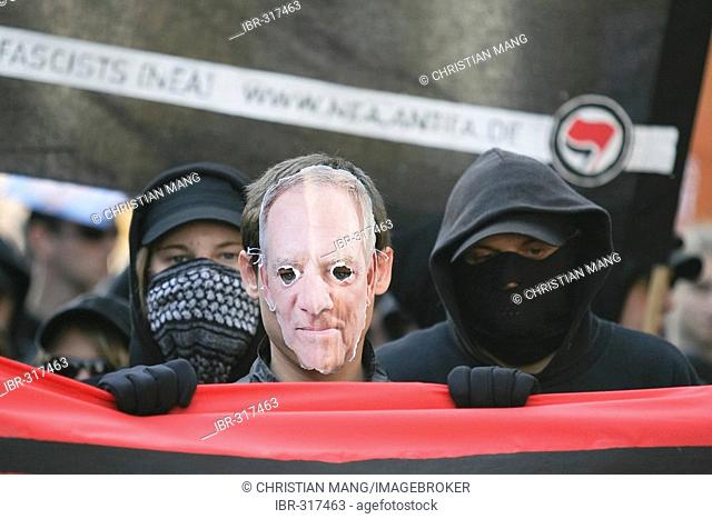Demonstrator with mask of Wolfgang Schaeuble demonstrating against the state monitoring, 22.09.2007, Berlin, Germany