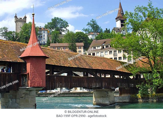 Image of the historic Spreürbrücke Mill Bridge in the old town at the City of Lucerne