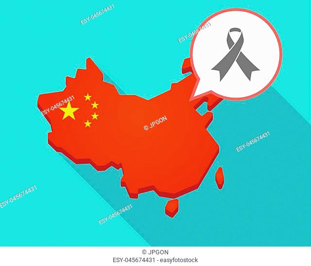 Illustration of a long shadow map of China, its flag and a comic balloon with an awareness ribbon