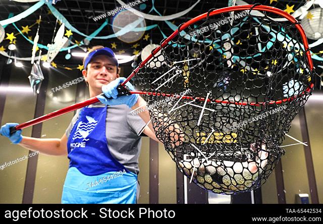 RUSSIA, MOSCOW - DECEMBER 3, 2023: A vendor uses a handnet at ""Moskva - Na Volne"", a newly opened fish market at the Gorod Kosino Shopping Centre