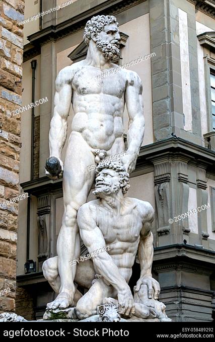 FLORENCE, TUSCANY/ITALY - OCTOBER 19 : Hercules and Cacus statue by Baccio Bandinelli in the Piazza della Signoria Florence on October 19, 2019