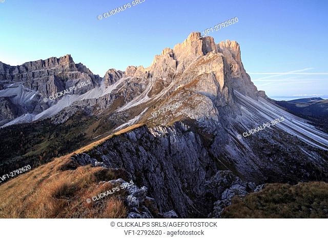 Dawn lights frames the rocky peaks Furcella De Furcia Odle Funes Valley South Tyrol Dolomites Trentino Alto Adige Italy Europe