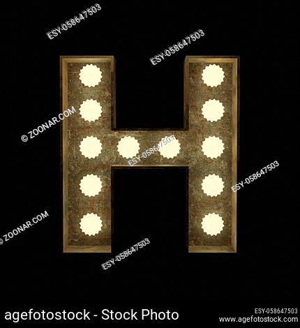 Metal letter H with small lamps on a dark background, 3d rendering