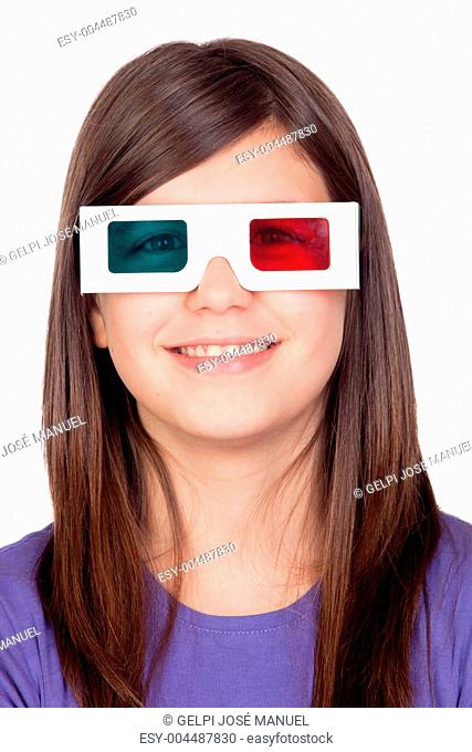 Preteen girl with three-dimensional glasses