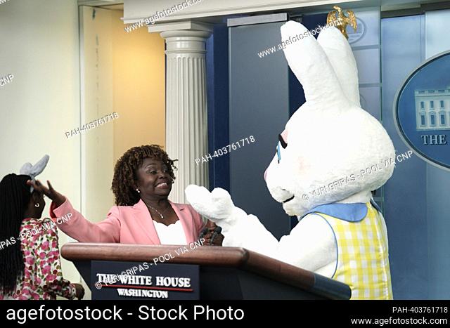 White House Press Secretary Karine Jean-Pierre reacts to seeing Easter Bunny at a press briefing in the James S. Brady Press Briefing Room of the White House in...