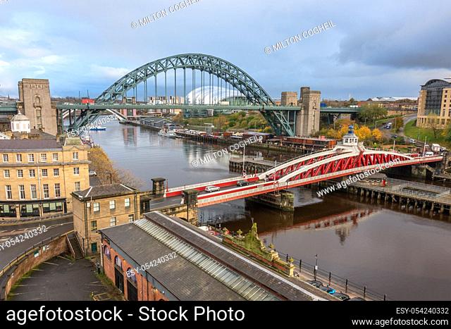 The Tyne and Swing bridges over the River Tyne, connecting Newcastle upon Tyne and Gateshead, UK