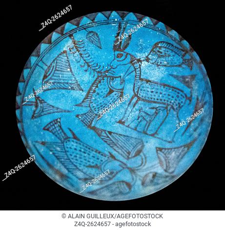 Egypt, Cairo, Egyptian Museum, from the tomb of Maiherpri, Valley of the Kings, Luxor : Decoration of a faience bowl, with gazelles and fishes
