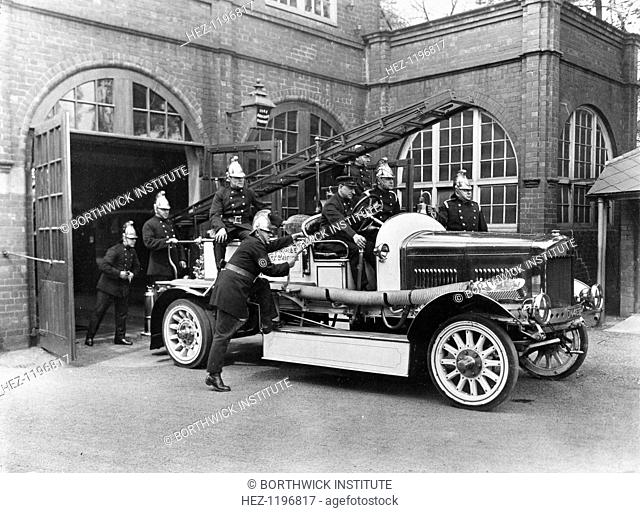 Rowntree works fire brigade with their engine, Rowntree factory, York, Yorkshire, 1933