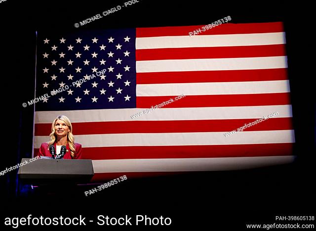 United States Representative Brittany Pettersen (Democrat of Colorado), talks before US Vice President Kamala Harris speaks at the Arvada Center for Performing...