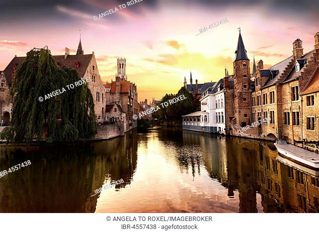 Rozenhoedkaai, The Quai of the Rosary with canal and belfry at sunset, historic center, UNESCO World Heritage Site, Bruges, Flanders, Belgium