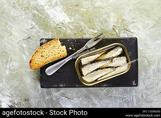 Canned sardines in olive oil served with toasted bread