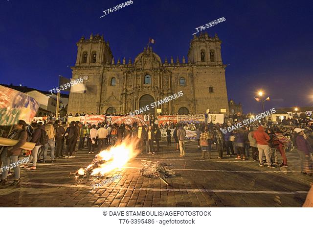 Protest in front of the cathedral in the Plaza de Armas, Cusco, Peru