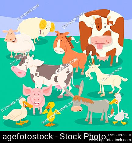 Cartoon Illustration of Farm Animal Characters Group on Pasture or Meadow